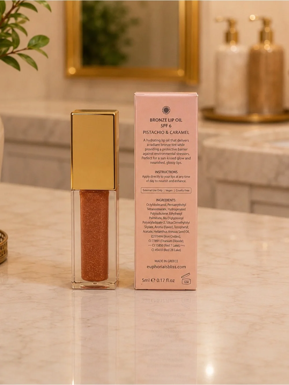 EUPHORIA PURE BLISS Sunglow Bronze Lip Oil SPF 6 Pistachio Caramel NEW